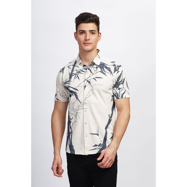 Bullmer Men's Trendy Regular Fit Printed Causal Shirt | Cream - M