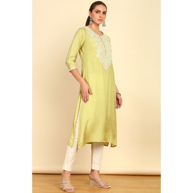 Soch Women's Green Solid With Yoke Embroidered Straight Muslin Kurta L