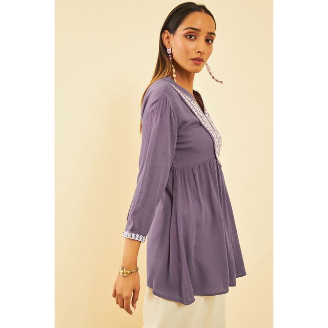 Soch Women's Purple Crepe Embroidered Tunic With Thread Work L