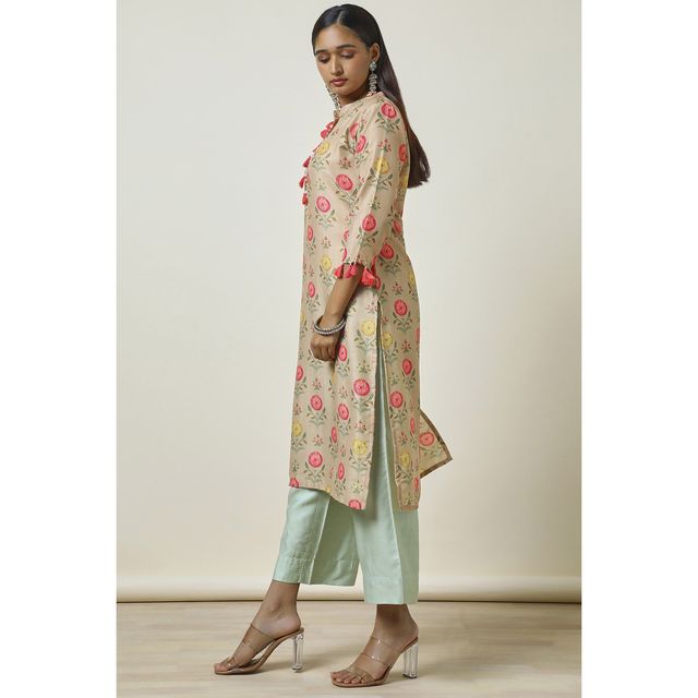 Soch Women's Beige Muslin Blend Floral Print Kurta With Tassels L