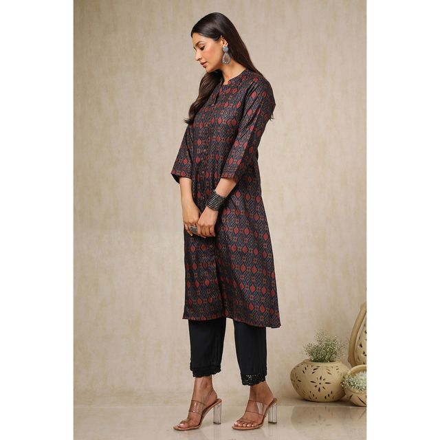 Soch Women's Navy Blue Linen Blend Ikat Print Kurta | XL