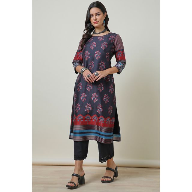 Soch Women's Black Silk Blend Floral Print Kurta | XL