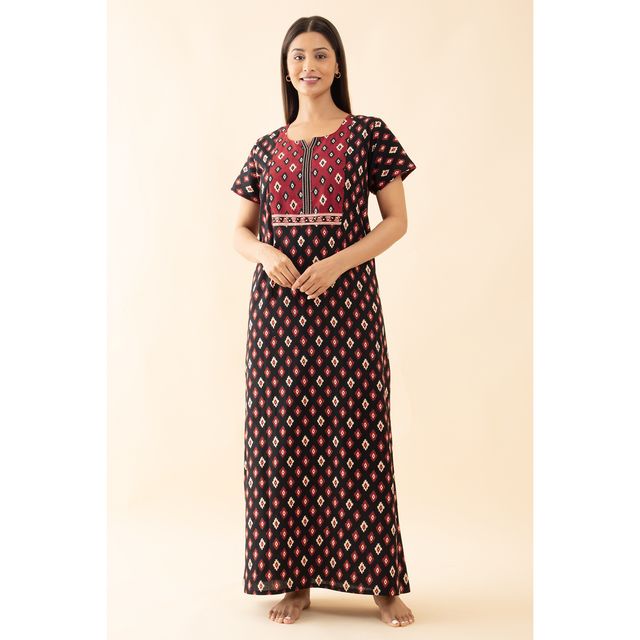 Maybell Women's Cotton Floral Printed Nighty | Black & Maroon - XXL