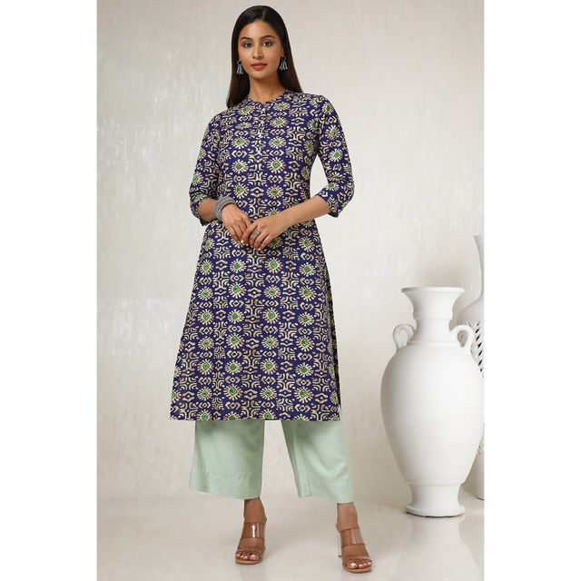 Soch Women's Navy Blue Cotton Blend Abstract Print Kurta | L