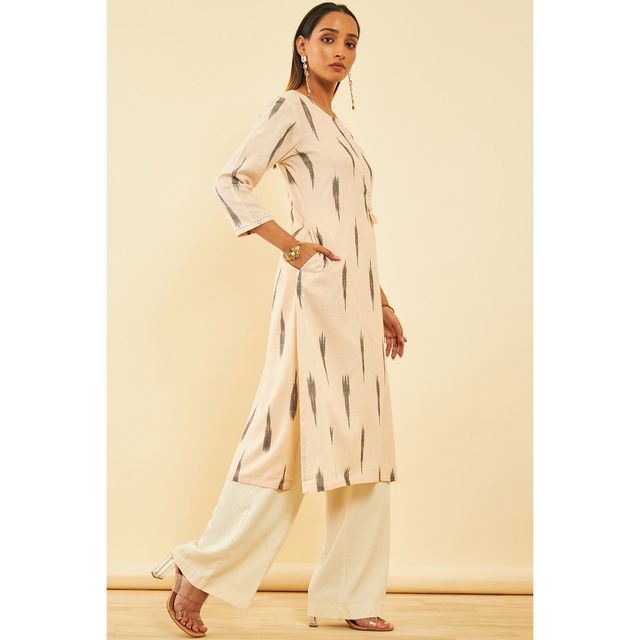 Soch Women's Beige Cotton Ikat Print Kurta With Sequins L