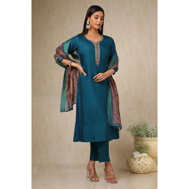 Soch Women's Teal Viscose Blend Embellished Suit Set With Beads And Stones XL