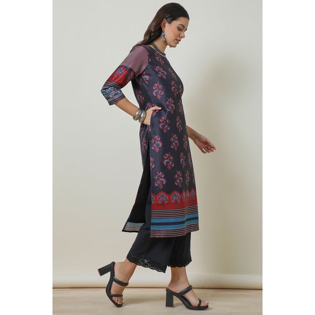 Soch Women's Black Silk Blend Floral Print Kurta | XL