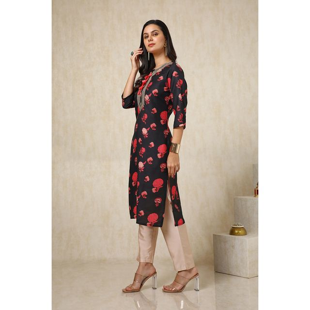 Soch Women's Black Muslin Blend Floral Print Kurta With Sequins | L