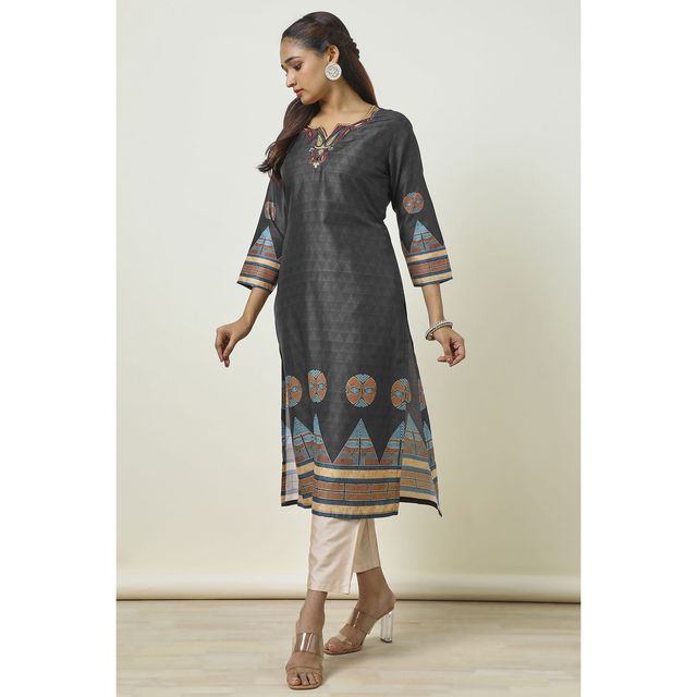 Soch Women's Black Muslin Blend Embroidered Kurta With Beads | XL