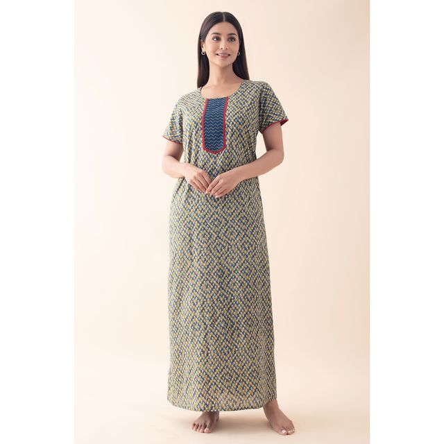 Maybell Women's Cotton Floral Printed Nighty | Green - M