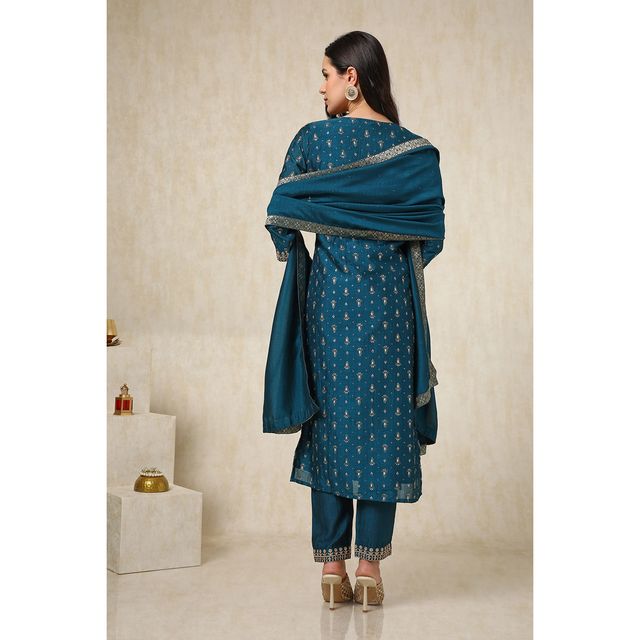Soch Women's Teal Viscose Blend Foil Print Suit Set With Thread Work XL