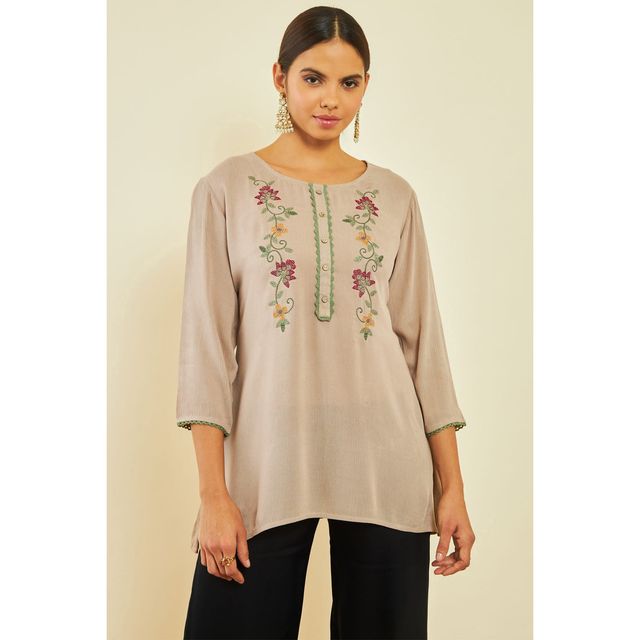 Soch Women's Beige Crepe Embroidered Tunic With Thread Work S