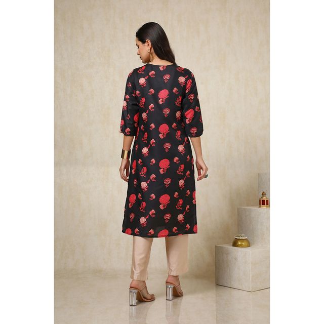 Soch Women's Black Muslin Blend Floral Print Kurta With Sequins | L