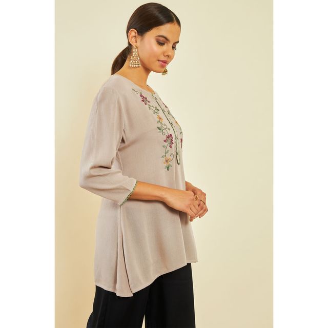 Soch Women's Beige Crepe Embroidered Tunic With Thread Work S