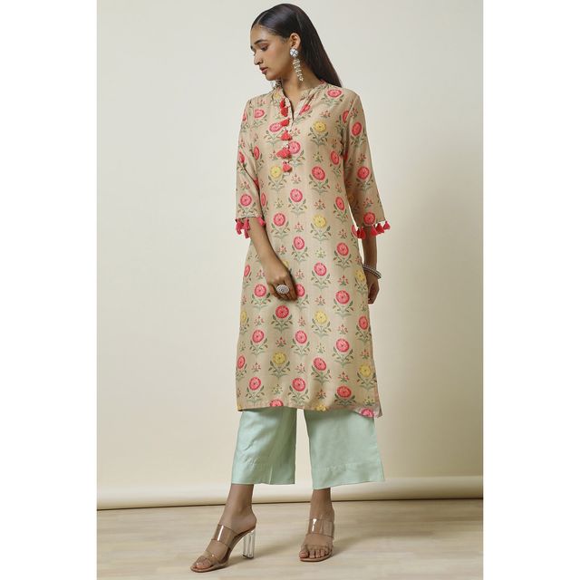 Soch Women's Beige Muslin Blend Floral Print Kurta With Tassels L
