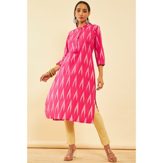 Soch Women's Pink Cotton Ikat Print Kurta With Sequins L