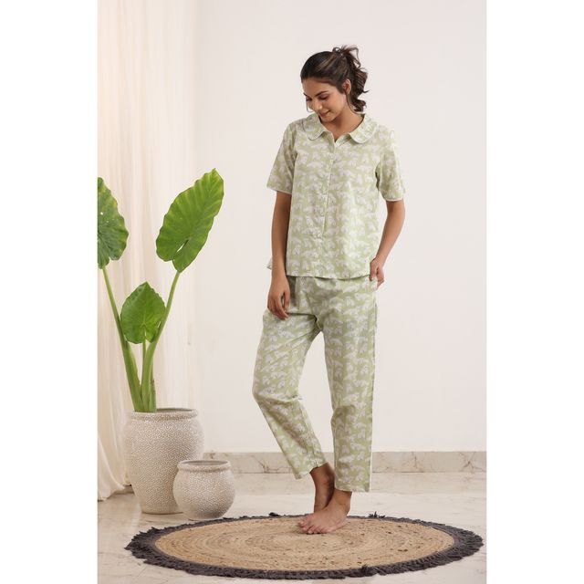 Sanskrutihomes Women's Animals Cotton Nightwear | Green - L