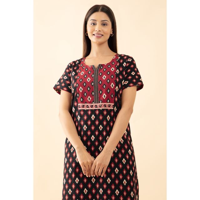 Maybell Women's Cotton Floral Printed Nighty | Black & Maroon - XXL