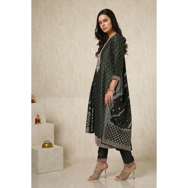 Soch Women's Olive Foil Print Suit Set With Thread Work S
