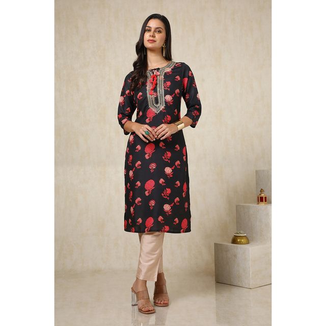 Soch Women's Black Muslin Blend Floral Print Kurta With Sequins | L