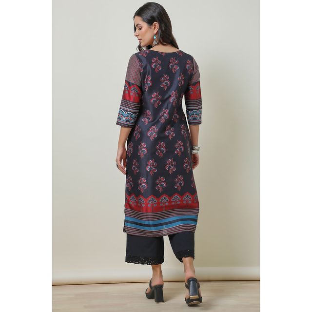 Soch Women's Black Silk Blend Floral Print Kurta | XL