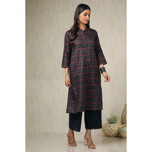 Soch Women's Navy Blue Linen Blend Ikat Print Kurta | XL