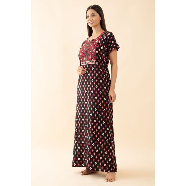 Maybell Women's Cotton Floral Printed Nighty | Black & Maroon - XXL