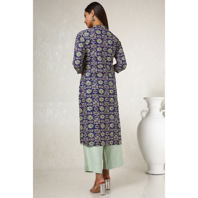 Soch Women's Navy Blue Cotton Blend Abstract Print Kurta | L