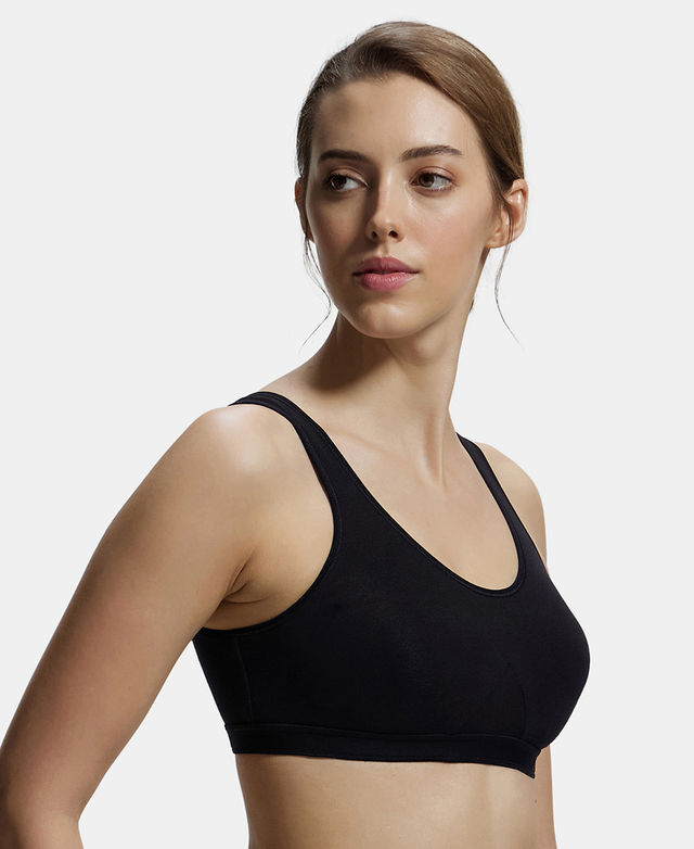 Jockey 1376 Women's Wirefree Non Padded Super Combed Cotton Active Bra|Wider Straps | Black-S