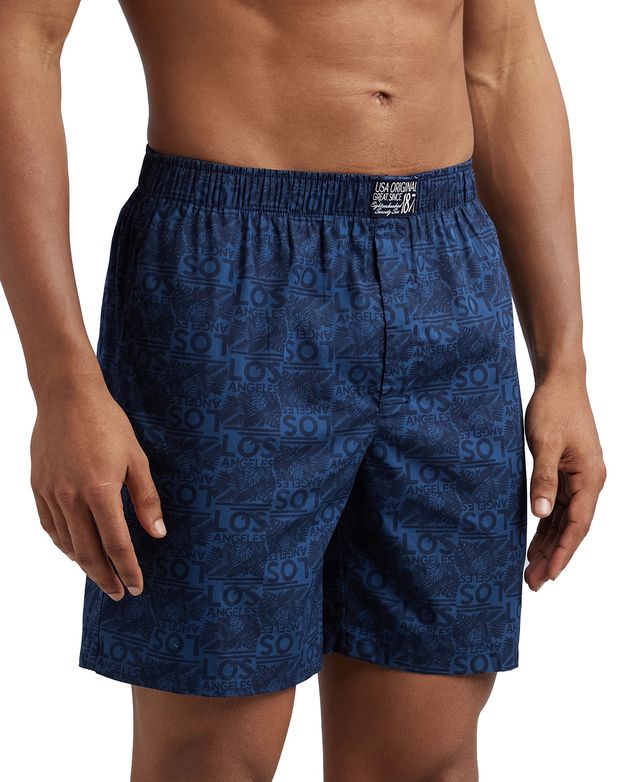 Jockey US57 Men's Super Combed Cotton Woven Printed Boxer|Side Pocket|PO2 | Navy-L