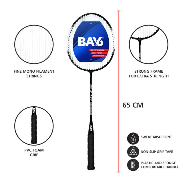 BAY6 B-101 Badminton Kit | 2 Rackets with Full Cover | 1 Box Feather Shuttlecock Pack of 3 | Black