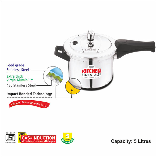 Kitchen Essentials Stainless Steel Eazy Kook Impact Forged Bottom Outer Lid Pressure Cooker 5L