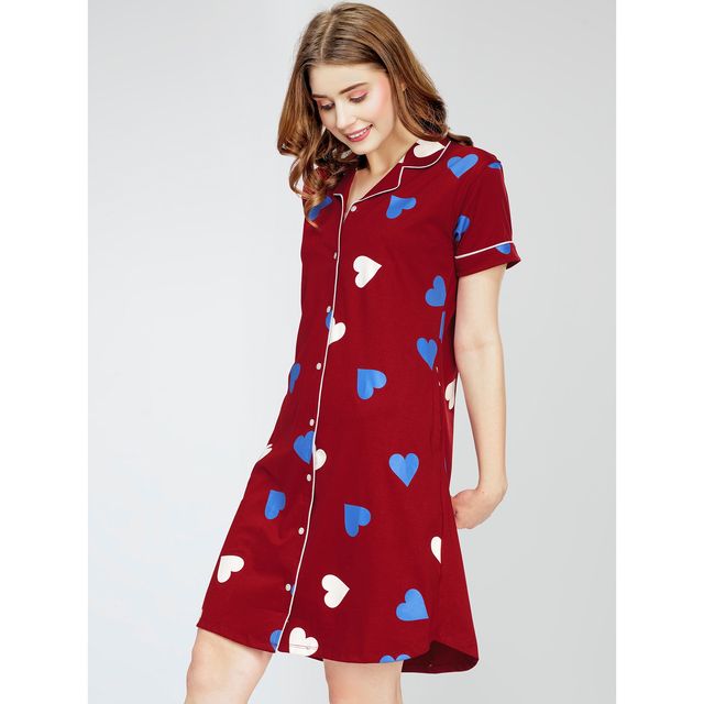 Zeyo Women Cotton Maroon Night Dress Heart Printed Knee Length Night Gown 5792- SR- XL