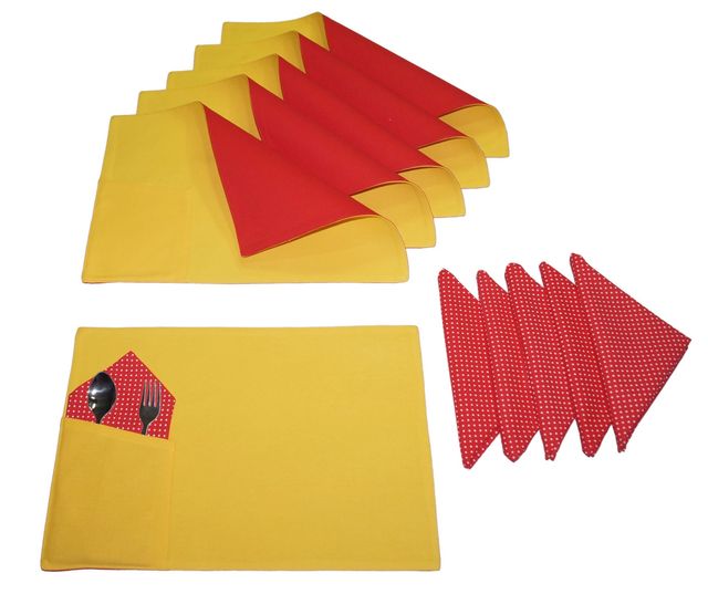 Lushomes Table Mats and Napkins - Yellow and Red | Placemats 13 x 19 inch | Napkins 16 x 16 inch