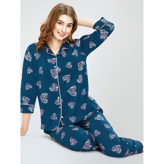 Zeyo Night Suit for Women Teal Heart Printed Cotton Night Dress | Shirt & Pajama Set 5758-TB- XXL