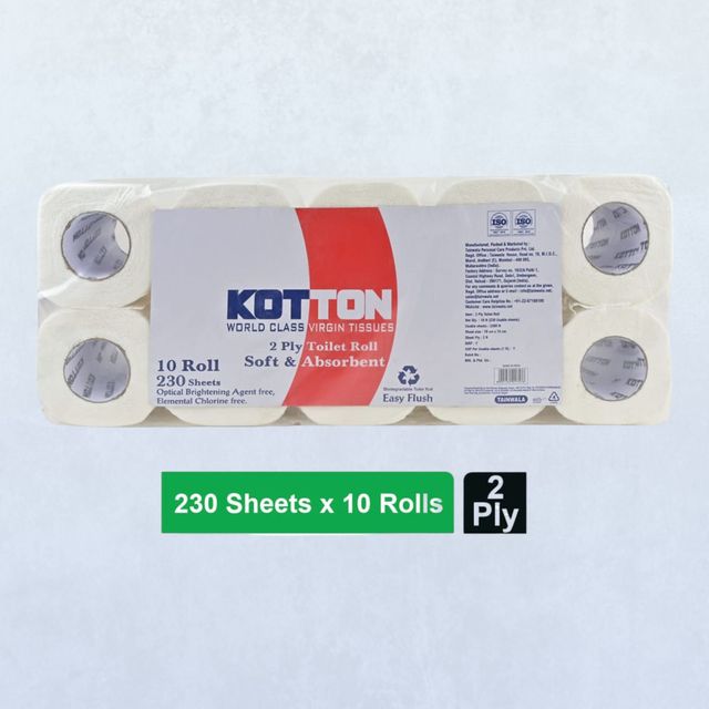 Kotton Toilet Roll - 2 Ply -100% Virgin Pulp/Paper, Pack of 10 ,230 sheets 10 pc Combo