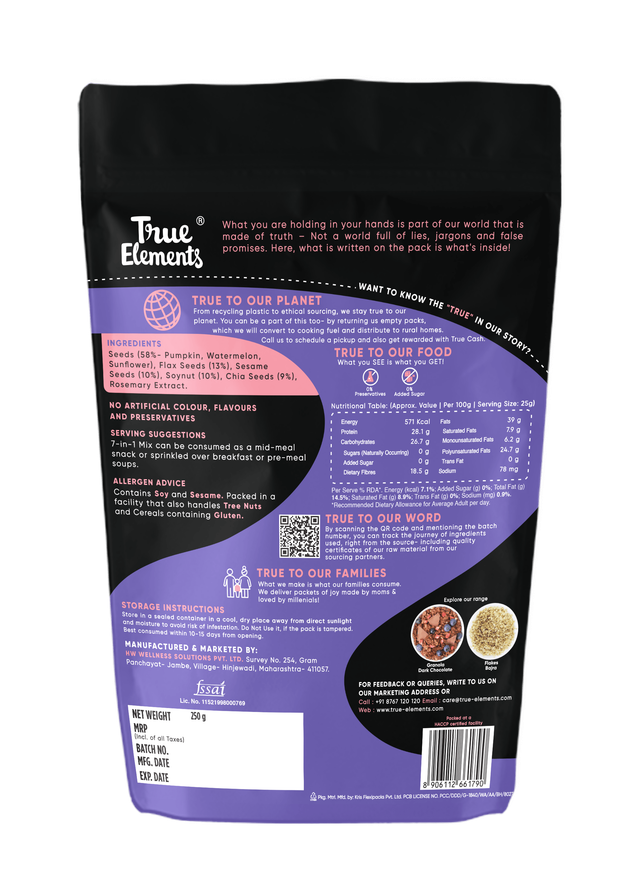 True Elements Crunchy Dark Chocolate Granola(1kg) & True Elements 7 In 1 Super Seeds Mix (250gms) Combo