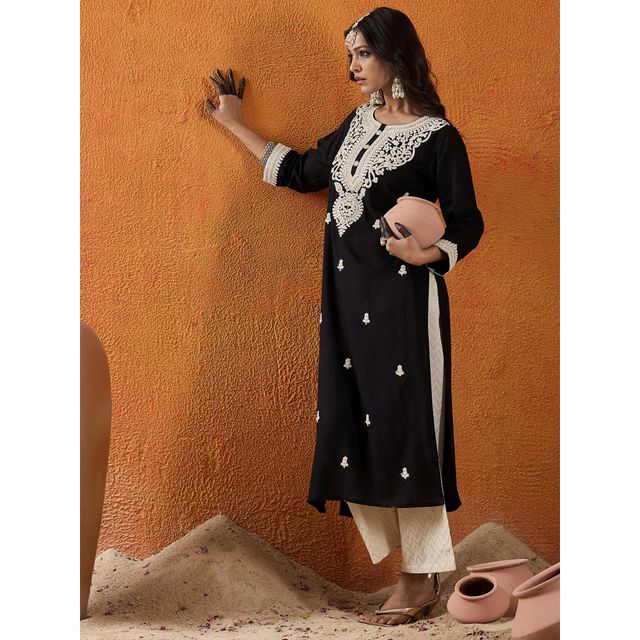 Indo Era Women's Viscose Rayon Floral Embroidered Straight Kurta | KT5BK10014 | Black - S