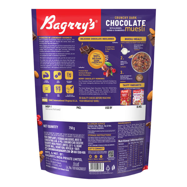 Bagrrys Crunchy Dark Chocolate Muesli with Almond Quinoa & Cranberries Pouch