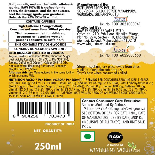 Raw Pressery Power Energy Drink - Beer Buzz 250 ml Combo
