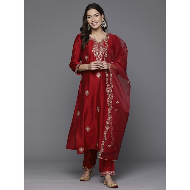 Indo Era Women's Silk Blend Embroidery Straight Kurta Set with Dupatta | KH9RD9490 | Red - M