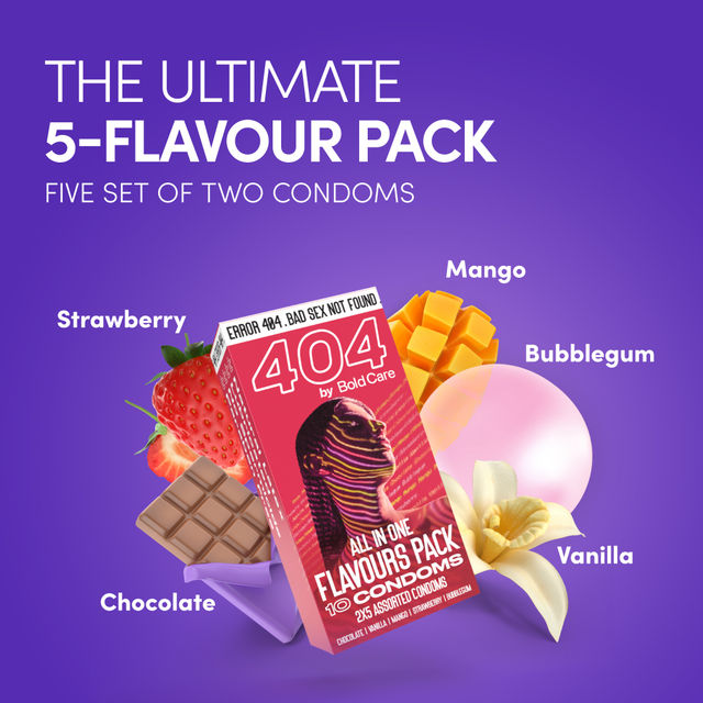 Bold Care 404 By All-In-One Flavours Pack Condoms - Chocolate, Strawberry, Mango, Vanilla, & Bubblegum