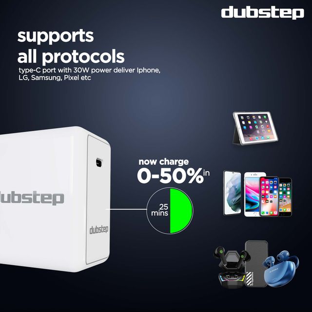 Dubstep All In One 30W 6A Fast Charging Adapter With Cable (Type-C To Type-C)