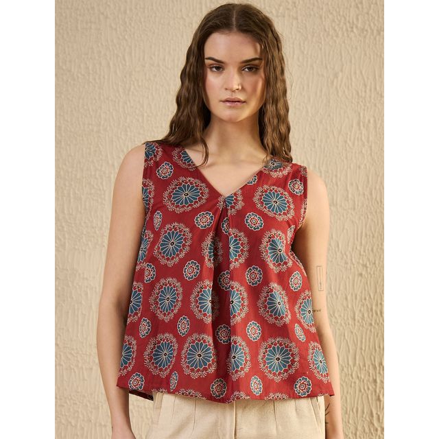 Sanskrutihomes Geometric Print Cotton Top for Women s | Red | XXL