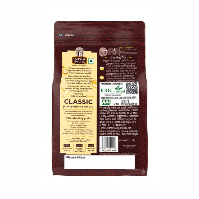 India Gate Gold Standard Classic Basmati Rice | 2 Years Aged | Extra Long Grains (1kg) & India Gate Classic Hyderabadi Biryani Masala (70g) Combo