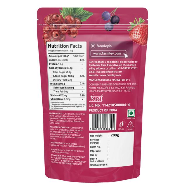Farmley Mix Dried Berries- Cranberries, Blueberries, Strawberries, Black Raisins, Peach & More 200 g X 2 Combo
