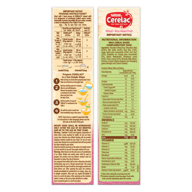 Nestle CERELAC Wheat Rice Mixed Fruit Baby Food Cereal (Source of Iron & Protein, 10 -24 Months)