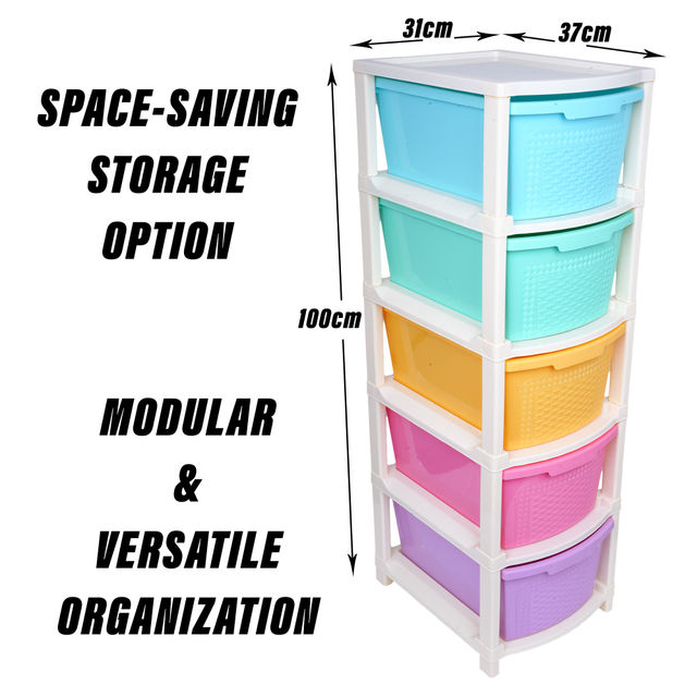 Kuber Industries Plastic Modular Storage Drawer Rack for office|School|Home|5-Tier|Multicolor
