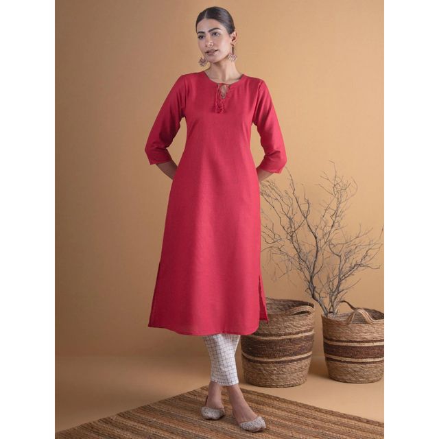 Libas Women's Solid Cotton Kurta | Maroon | L