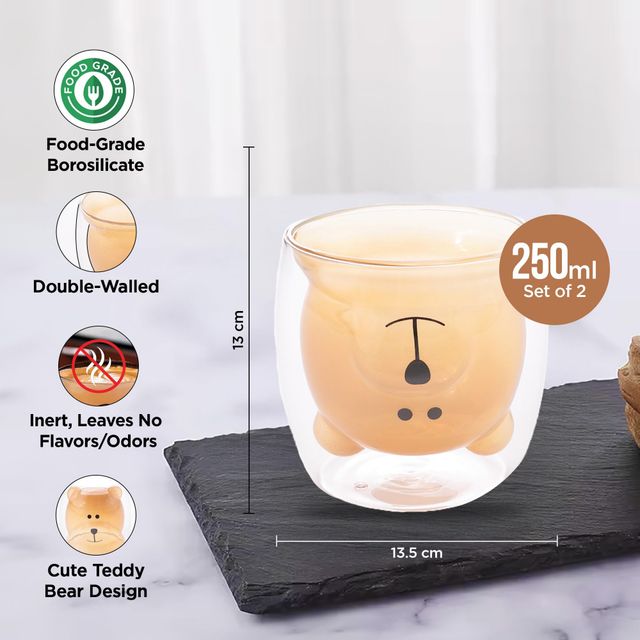 Umai Cute Teddy Bear Glass Mug Set Of 2 I Double Walled Borosilicate 250 ml I Transparent